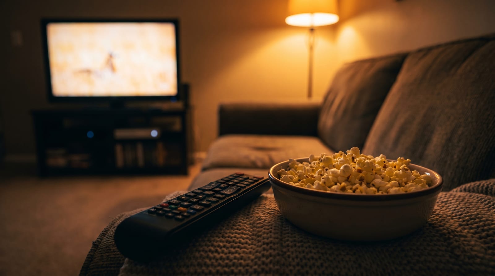 Telecomandă și un bol de popcorn pe o canapea, cu un televizor aprins în fundal într-o seară de film