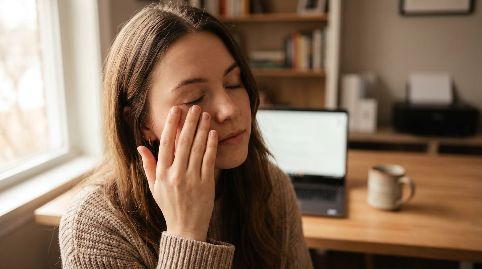 Tânără care își atinge ușor pleoapa care îi tremură, lângă laptop, în lumină naturală