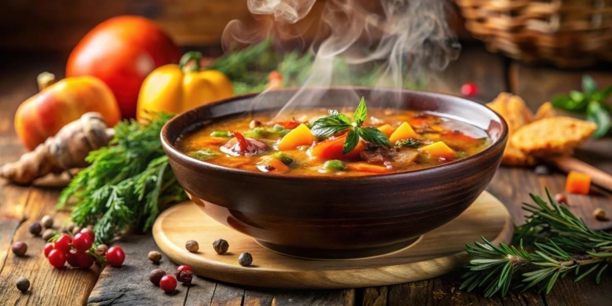 Ceașcă cu supă caldă de iarnă, aburindă, alături de pâine proaspătă pe o masă rustică