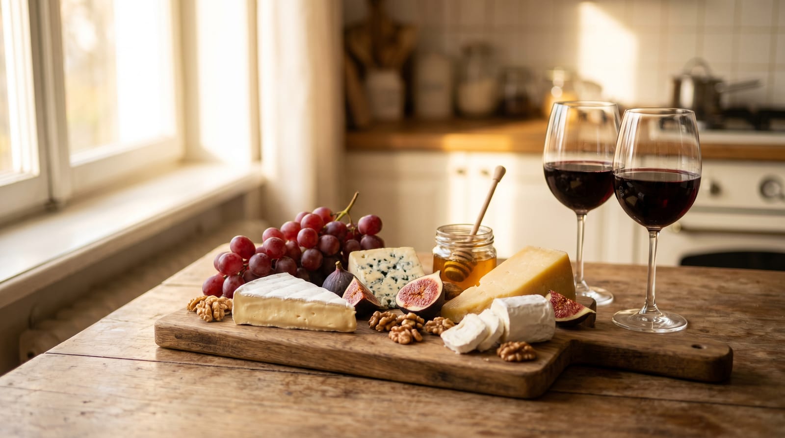 Platou cu brânzeturi variate, struguri, smochine, nuci și miere, alături de două pahare de vin