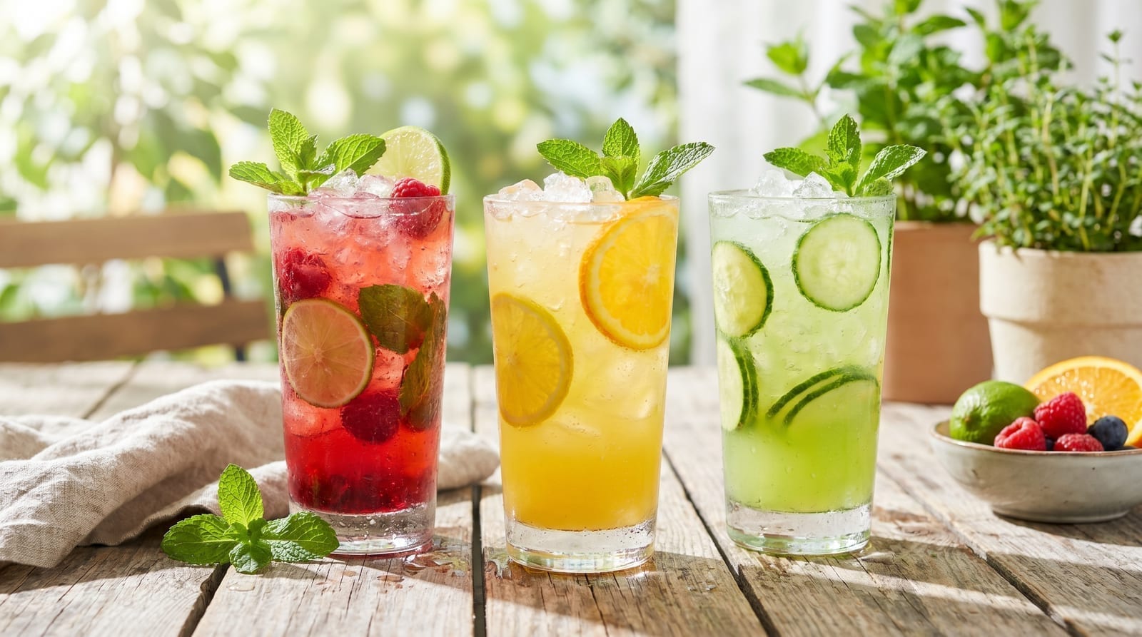 Trei mocktailuri fără alcool colorate în pahare cu gheață, lime, mentă și fructe de pădure pe o masă de vară