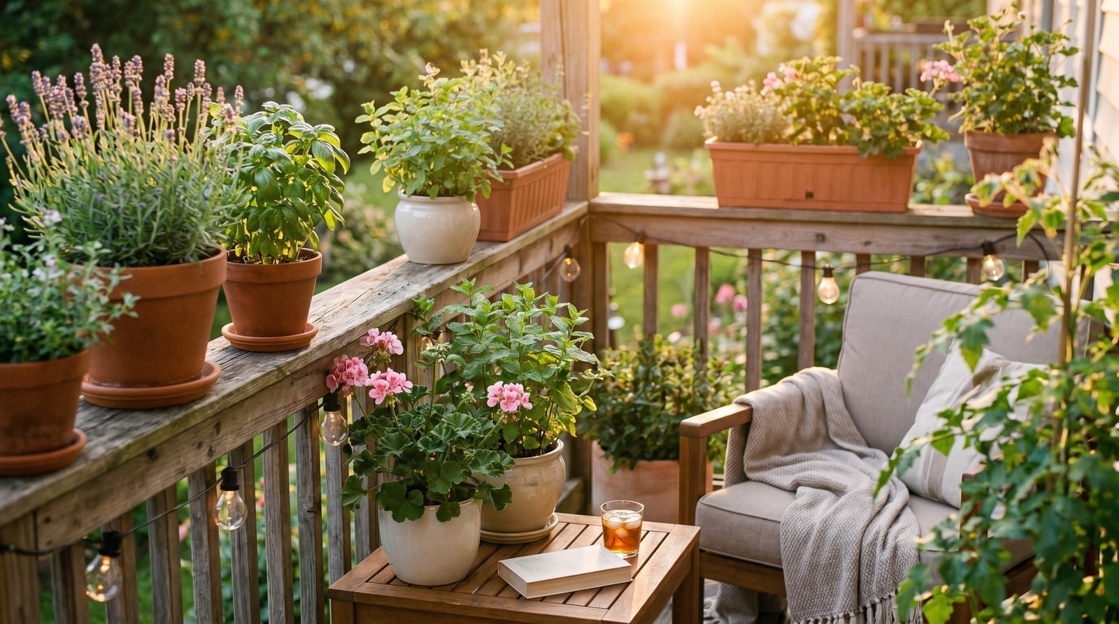 Ghivece cu plante care alungă țânțarii, levănțică și mușcate parfumate, aranjate pe un balcon însorit
